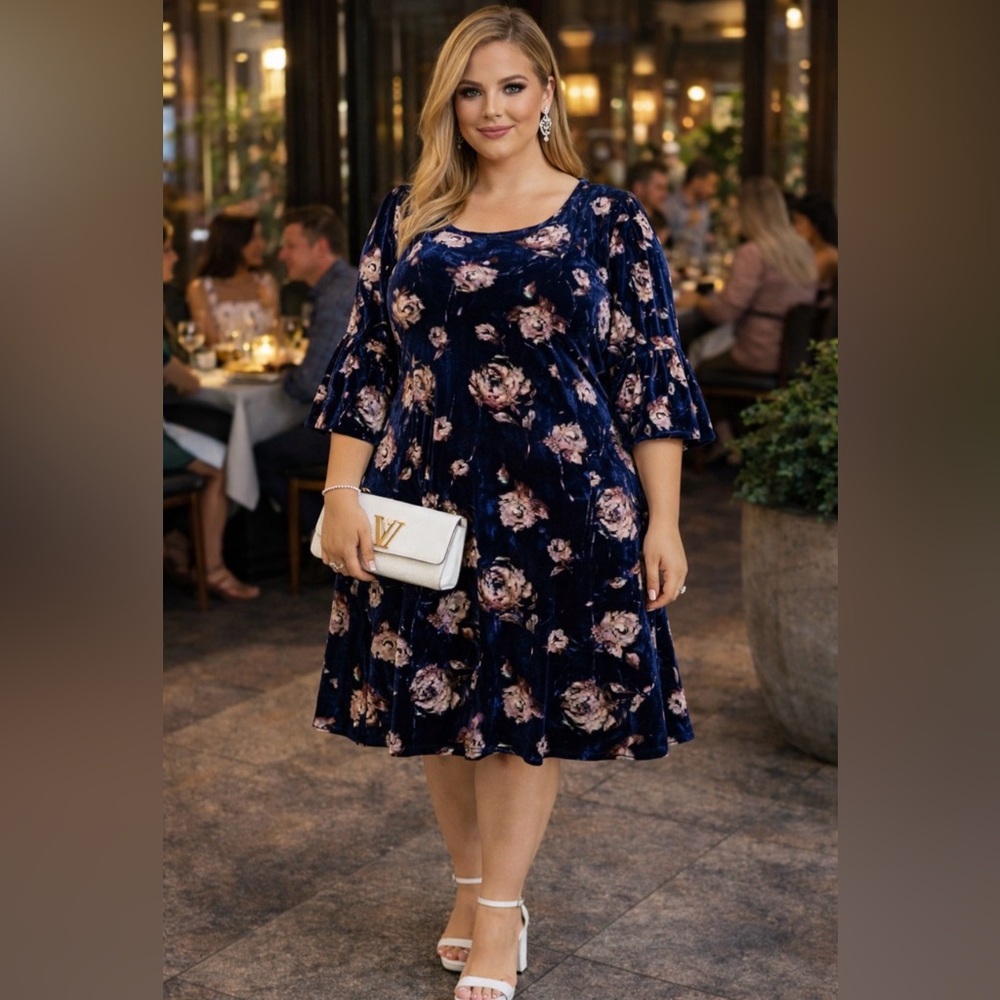 New Emerald Velvet Floral Navy Dress size 2X 🌹🌺🌸 BG 11